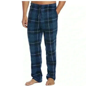 NWT Perry Ellis Mens Blue Plaid Fleece Pajama Pants, Small